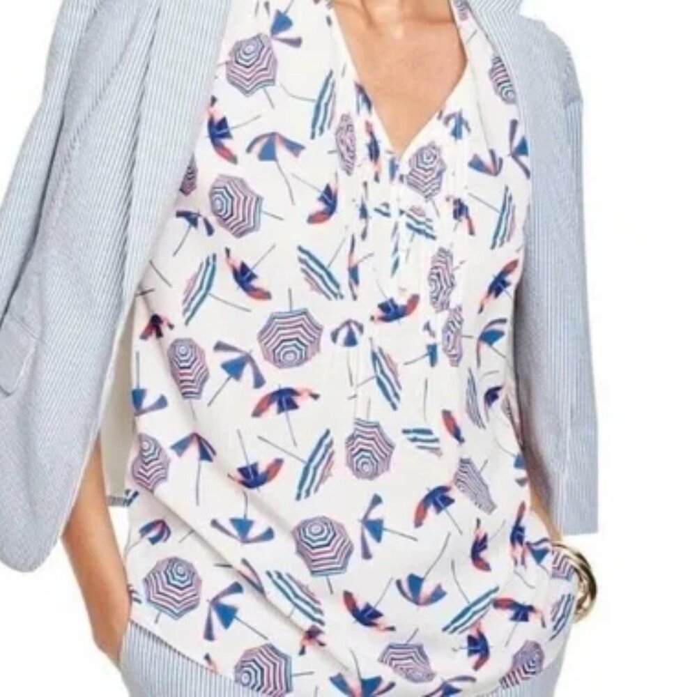 Talbots Cap Short Sleeve V-neck Blouse Top Beach Umbrella Novelty Print sz XL